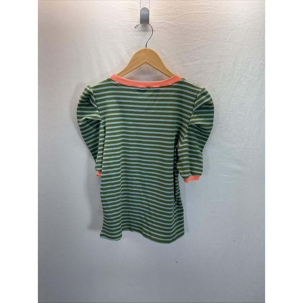 Maeve Green and Cream Striped Puff Sleeve Top with Coral Trim - Picture 3 of 10